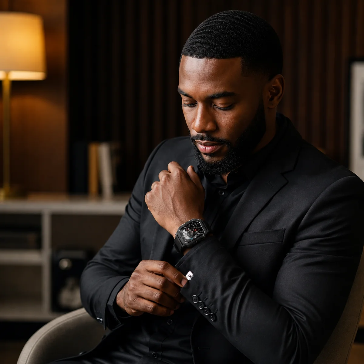 A man in a dark suit adjusting his cuff, wearing the BennyBoom Military Smart Watch