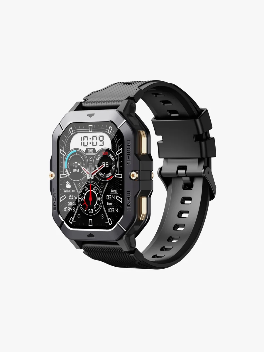 Everything included in the box: the watch, charging cable and manual