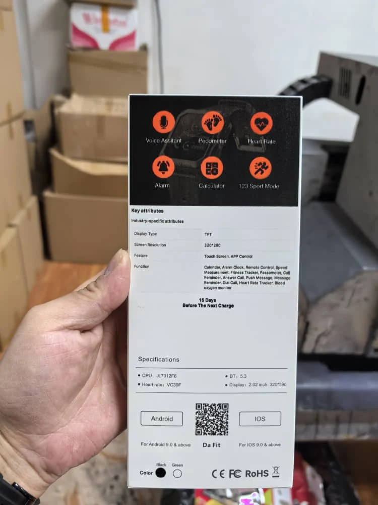 A sealed BennyBoom Military Smart Watch box held in hand at the BennyBoom office in Gbagada, Lagos