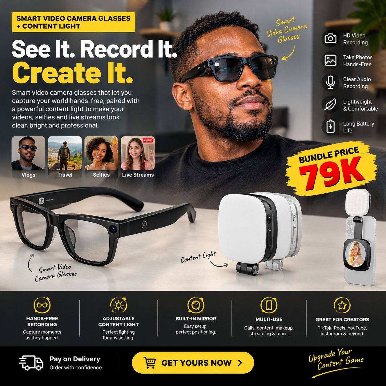 Smart video camera glasses with free content light and mirror